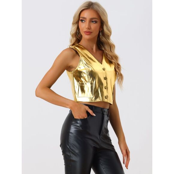 Crop Button Sleeveless Metallic Vest Party Clubwear Gold - Picture 3 of 6